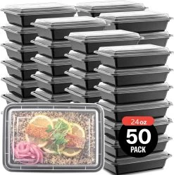 Buxibo - 50 Meal Prep Bakjes - Salade/Lunch Box - Diepvriesbakjes - Vershoudbakjes - Plastic Bakjes Met Deksel - Vershouddoos - Magnetron Vaatwasser Bestendig - 24 Oz/0.7 Liter Inhoud - Herbruikbaar - Kunststof - BPA Vrij - Zwart