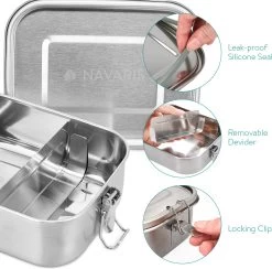 Navaris RVS Broodtrommel Met Verdeler - Meal Prep Bakje - Vershouddoos - Lunchbox - 17 X 13 X 6 Cm - Inhoud 0,8 Liter - Vaatwasbestendig -Winkel Voor Huishoudelijke Artikelen 1200x1185