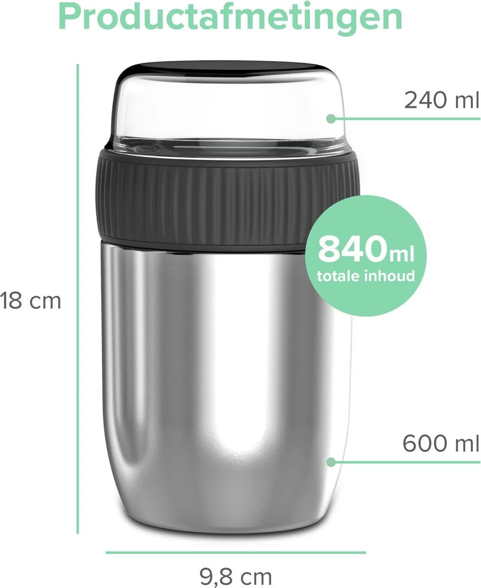 Coninx Thermos Lunchbox - Muesli Beker To Go - Isoleer Lunchpot - Yoghurtbeker To Go - Mueslibeker 840ml (600ml+240ml) - RVS 4 Coninx Thermos Lunchbox - Muesli Beker To Go - Isoleer Lunchpot - Yoghurtbeker To Go - Mueslibeker 840ml (600ml+240ml) - RVS - Afbeelding 3